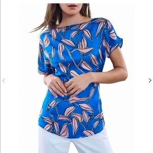 Reiss Marli Ivy Floral Print Short Sleeve Open Back Blouse (Size 10)